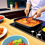 ** 콩순이 cooking with friends, colorful kitchen, playful atmosphere, delicious food.

**