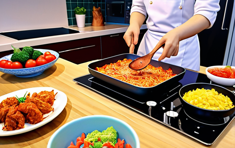 ** 콩순이 cooking with friends, colorful kitchen, playful atmosphere, delicious food.

**