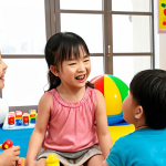 **Prompt:** A heartwarming and vibrant scene depicting Kongsuni surrounded by a diverse group of happy children (aged 2-5). Kongsuni, with a kind and encouraging expression, is engaging them in activities that subtly convey emotional intelligence and social learning. One child might be sharing a toy, another expressing a feeling, while others are engrossed in playful learning. The setting is bright and inviting, filled with soft colors, perhaps a cozy play area or a gentle outdoor park, emphasizing a nurturing and joyful atmosphere of holistic child development and friendship.