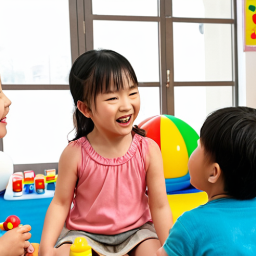 Home 6 **Prompt:** A heartwarming and vibrant scene depicting Kongsuni surrounded by a diverse group of happy children (aged 2-5). Kongsuni, with a kind and encouraging expression, is engaging them in activities that subtly convey emotional intelligence and social learning. One child might be sharing a toy, another expressing a feeling, while others are engrossed in playful learning. The setting is bright and inviting, filled with soft colors, perhaps a cozy play area or a gentle outdoor park, emphasizing a nurturing and joyful atmosphere of holistic child development and friendship.
