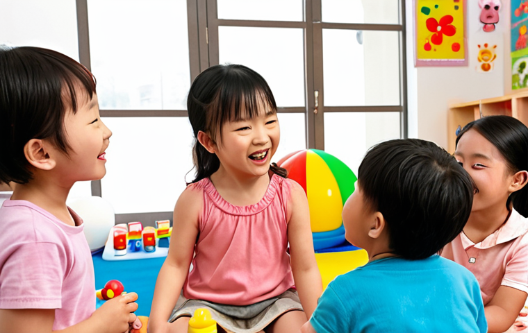 **Prompt:** A heartwarming and vibrant scene depicting Kongsuni surrounded by a diverse group of happy children (aged 2-5). Kongsuni, with a kind and encouraging expression, is engaging them in activities that subtly convey emotional intelligence and social learning. One child might be sharing a toy, another expressing a feeling, while others are engrossed in playful learning. The setting is bright and inviting, filled with soft colors, perhaps a cozy play area or a gentle outdoor park, emphasizing a nurturing and joyful atmosphere of holistic child development and friendship.