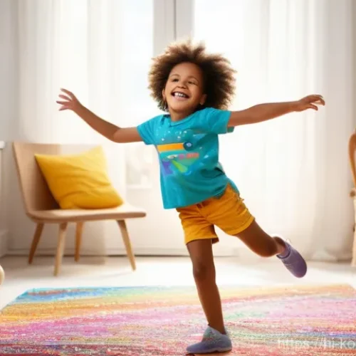 콩순이 주제가 - **Prompt:** A vibrant, cheerful image of a happy 5-year-old child, with bright, sparkling eyes, ener...