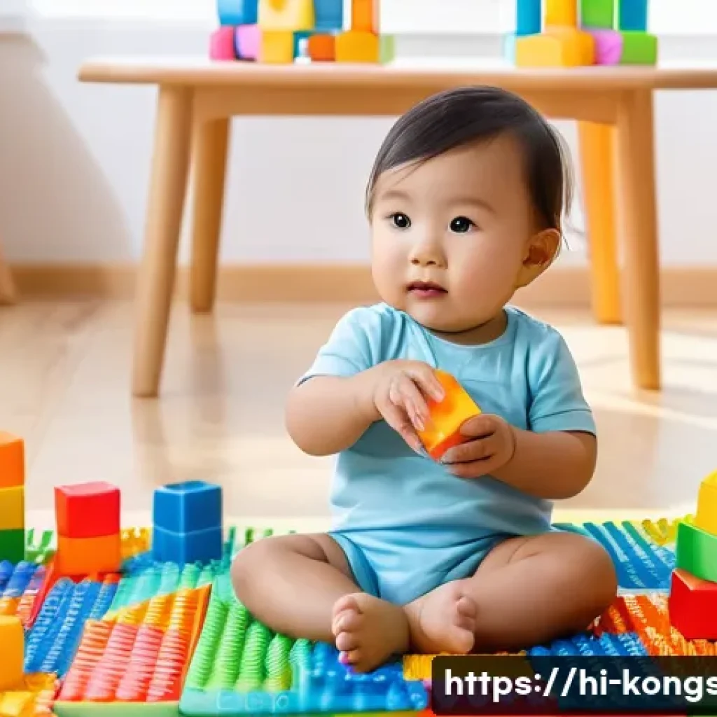 콩순이 완구 구매 후 체크리스트 - A vibrant, detailed scene of a toddler playing with colorful KongSuni building blocks made of BPA-fr...
