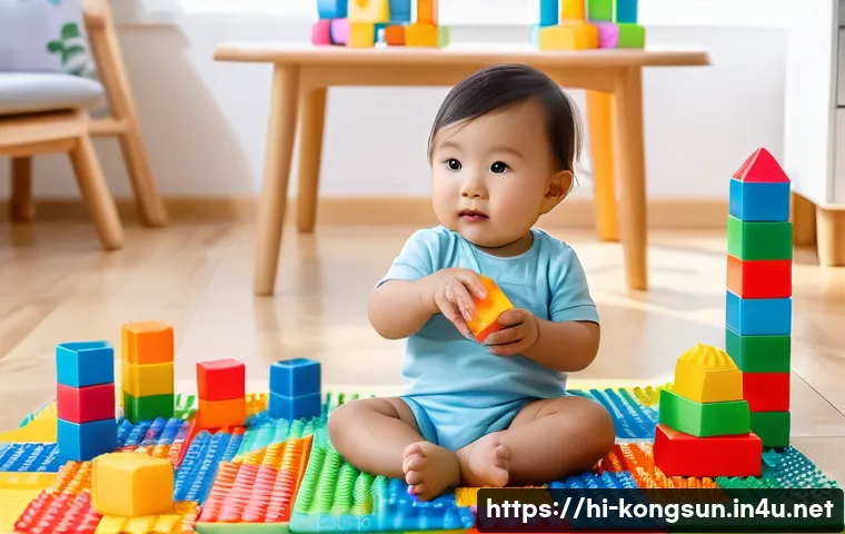 콩순이 완구 구매 후 체크리스트 - A vibrant, detailed scene of a toddler playing with colorful KongSuni building blocks made of BPA-fr...