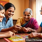 Home 22 콩순이와 가족 중심 놀이 - A joyful Indian family playing Kongsooni-themed board games together in a bright, cozy living room d...