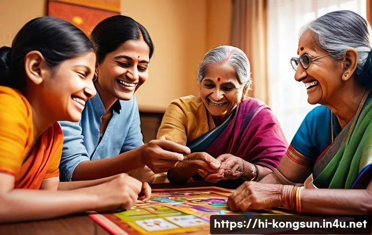 콩순이와 가족 중심 놀이 - A joyful Indian family playing Kongsooni-themed board games together in a bright, cozy living room d...