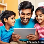 Home 21 콩순이 브랜드 마케팅 - A vibrant digital marketing scene showing a South Asian family with young children engaging with ani...