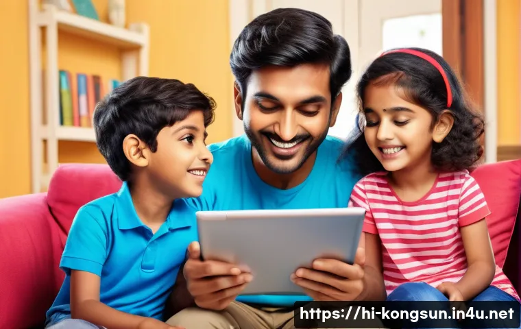 콩순이 브랜드 마케팅 - A vibrant digital marketing scene showing a South Asian family with young children engaging with ani...