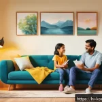 Home 20 콩순이로 보는 아동 심리학 - A warm and colorful living room scene featuring a young Indian family engaging in open, empathetic c...