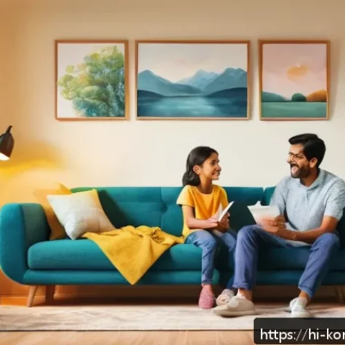 Home 32 콩순이로 보는 아동 심리학 - A warm and colorful living room scene featuring a young Indian family engaging in open, empathetic c...