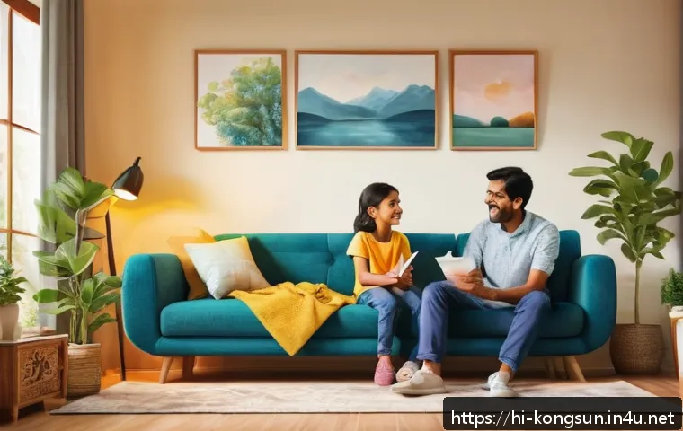 콩순이로 보는 아동 심리학 - A warm and colorful living room scene featuring a young Indian family engaging in open, empathetic c...