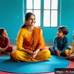 Home 19 콩순이와 언어 발달 - A vibrant and warm classroom scene featuring young Indian children aged around 4-6 years, sitting in...