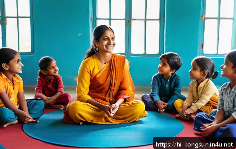 콩순이와 언어 발달 - A vibrant and warm classroom scene featuring young Indian children aged around 4-6 years, sitting in...