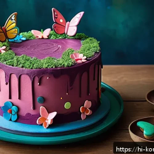 Home 30 콩순이 주제 생일 케이크 - A vibrant birthday cake decorated with natural colors derived from turmeric, beetroot juice, and spi...
