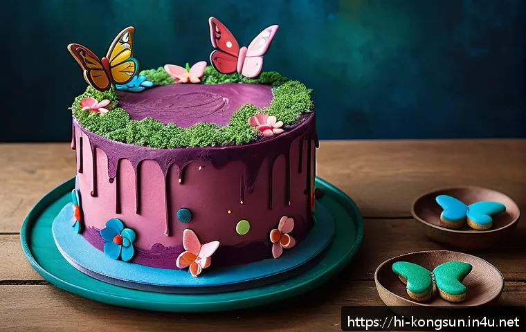 콩순이 주제 생일 케이크 - A vibrant birthday cake decorated with natural colors derived from turmeric, beetroot juice, and spi...