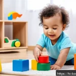 Home 23 콩순이의 완구 안전 인증 - A vibrant and detailed scene of a toddler happily playing with colorful wooden toys made from natura...
