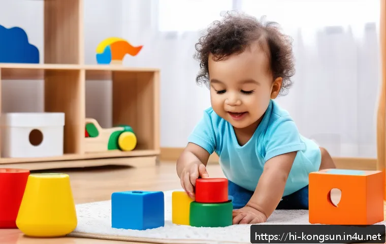 콩순이의 완구 안전 인증 - A vibrant and detailed scene of a toddler happily playing with colorful wooden toys made from natura...