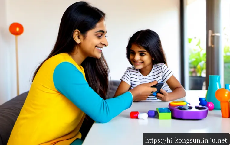 콩순이와 관련된 소셜 미디어 트렌드 - Photorealistic Indian mother and young daughter filming a cheerful toy unboxing video at a bright ho...