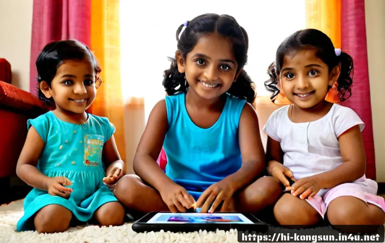 Home 17 콩순이의 글로벌 팬덤 - Photorealistic cheerful Indian children in a bright Mumbai living room, sitting together on a soft r...
