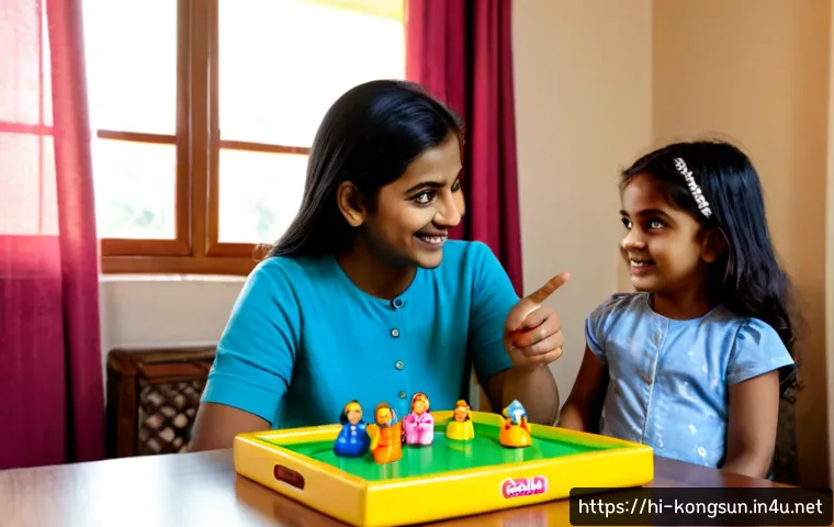 Home 30 콩순이의 생생한 리뷰 - Photorealistic cheerful Indian mother and young daughter reviewing a colorful generic talking doll a...