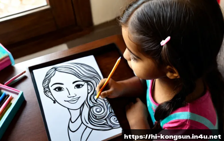 Home 17 콩순이 컬러링북 - Photorealistic overhead view of a cheerful Indian child coloring a generic cute girl-and-animal them...